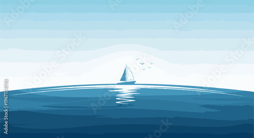 Serene sailboat glides on calm ocean under a vast, hazy sky