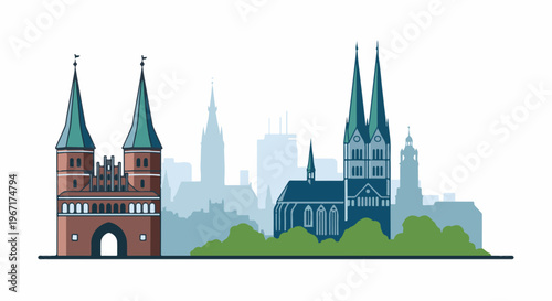 Stylized city skyline silhouette with historical and modern architecture