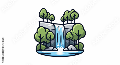 Stylized cartoon waterfall cascading over rocks with lush trees and pool