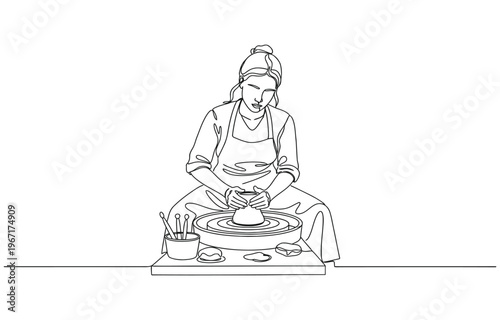 Potter woman one line continuous. Line art potter banner concept.