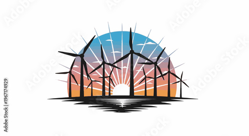 Silhouetted wind turbines rise against a vibrant sunset over calm waters