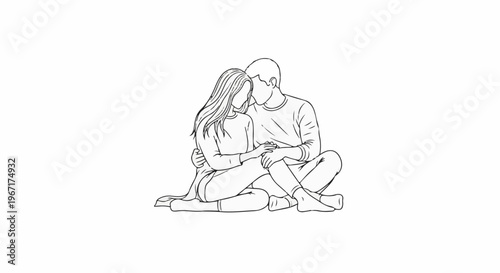Artistic line drawing of a couple embracing on a plain white background