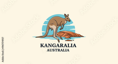 Kangaroo jumping in front of sun and rock formation