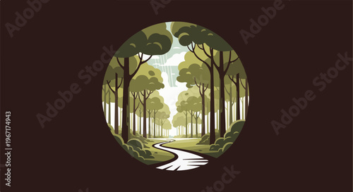 A winding path through a sunlit forest in a circular frame