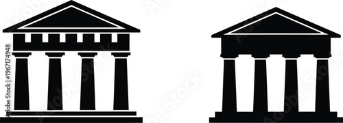 Two black and white icons of classical buildings with columns and a pediment