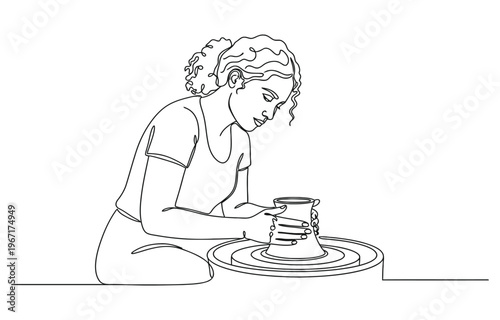 Potter woman one line continuous. Line art potter banner concept.