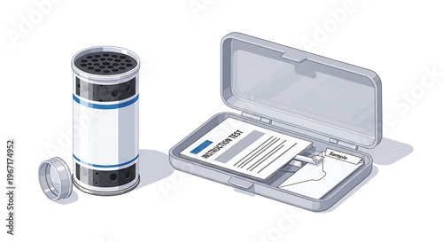 A vector graphic illustration of a water filter and a sample test kit on a clean white background