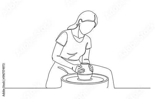 Potter woman one line continuous. Line art potter banner concept.