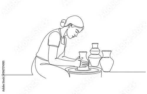 Potter woman one line continuous. Line art potter banner concept.