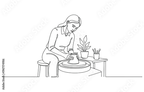 Potter woman one line continuous. Line art potter banner concept.