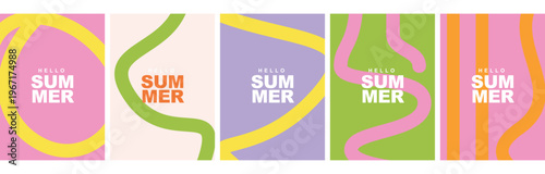 Five summer themed square posters with wavy lines and vibrant colors featuring hello summer typography for bright seasonal marketing and branding.