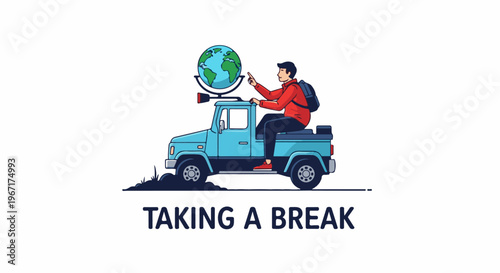 Man sits on truck with globe on top, suggesting global travel