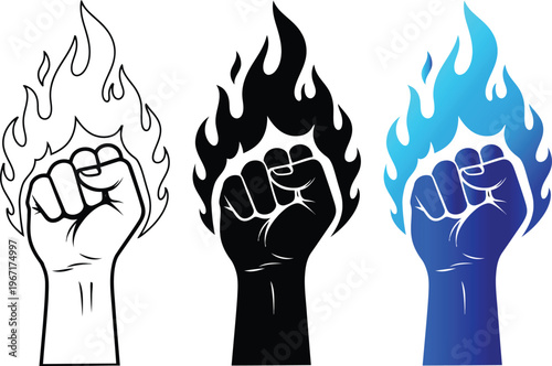 Fist raised with flames icons with three icon variations of a clenched fist on fire