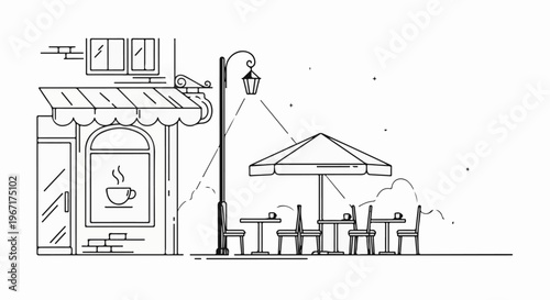 Outdoor cafe scene with awning, streetlamp, tables, chairs, and umbrella