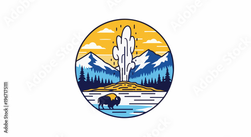 Stylized natural landscape with geyser eruption, mountains, trees, and bison