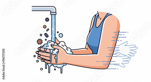 Person washing hands under faucet with soap and germs