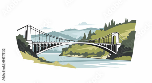 A suspension bridge spans a river amidst rolling green hills and trees