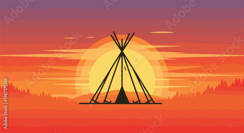 A teepee stands silhouetted against a large, setting sun