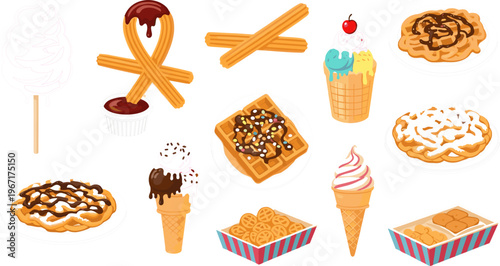 Carnival and Fair Food Collection Featuring Cotton Candy, Waffles, Churros, Ice Cream, Funnel Cake and Festival Snacks Vector Illustration Set
