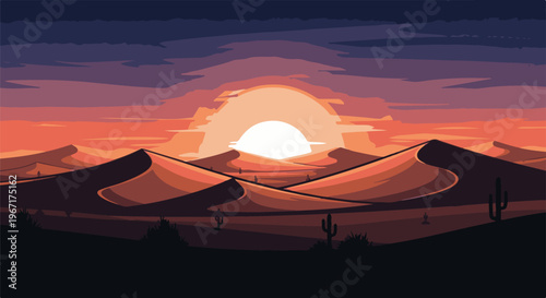 Pixel art desert dunes at sunset with a bright sun and silhouetted cacti