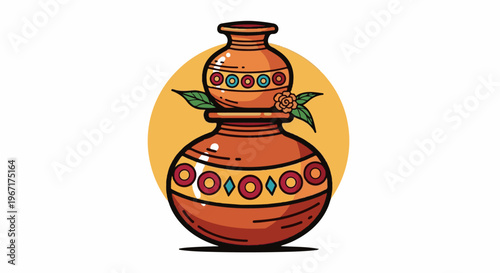 Stacked decorative earthen pots adorned with floral and circular motifs