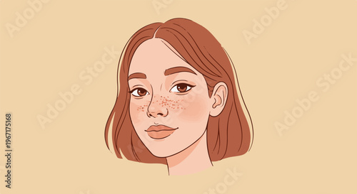 Stylized portrait of a young woman with short brown hair and freckles