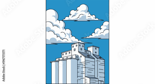 Tall grain silos stand against a bright blue sky with fluffy white clouds