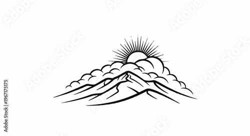 Stylized sketch of a sun rising over cloudy mountain peaks