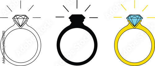 Diamond ring icons with three icon styles of a diamond engagement ring
