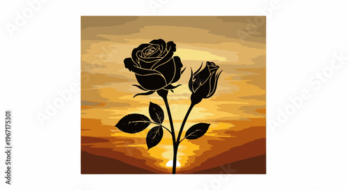 Black roses silhouetted against a vibrant sunset sky
