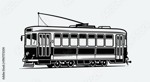 Stylized black and white line art of a vintage electric trolley car