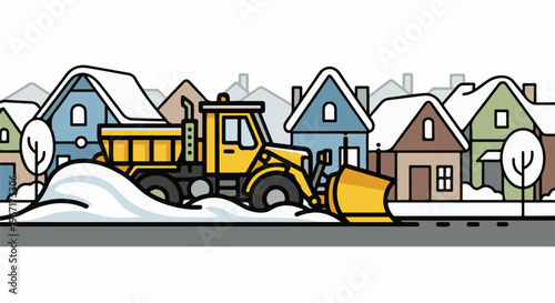 A snowplow clears a street in a snowy, stylized town with colorful houses