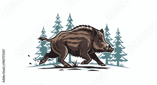 Brown wild boar charging through snowy forest
