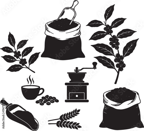 black and white coffee icons set with beans plants and tools