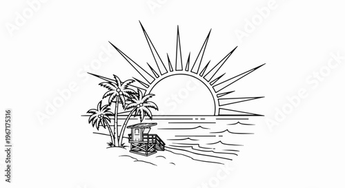 Tropical beach sunrise with palm trees, lifeguard tower, and ocean waves