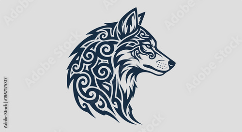 Stylized wolf head profile with intricate tribal patterns