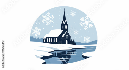 A serene snow-covered village church beside a frozen lake