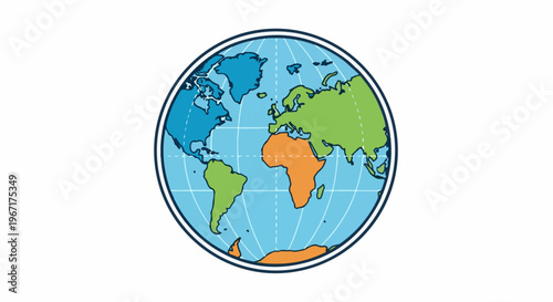 Stylized globe with continents colored green, orange, and blue on a light blue background