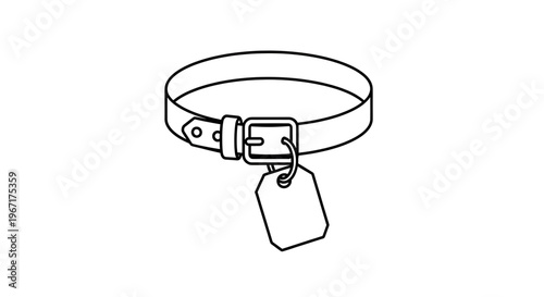 A minimalist line art illustration of a leather collar with a buckle and tag