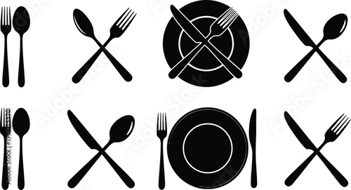 Set of black icons representing table settings with set represents dining, etiquette
