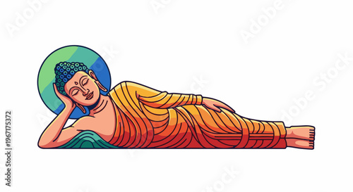 Stylized illustration of a reclining Buddha figure with a halo