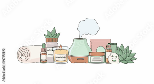 Assortment of spa and wellness products including a diffuser, candle, and skincare items