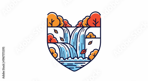 Stylized waterfall with autumn trees and leaves in a shield