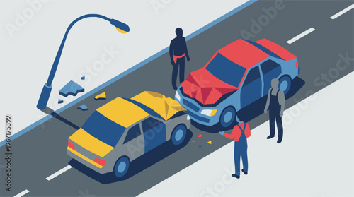 Isometric illustration of a car accident with damaged vehicles and people on road