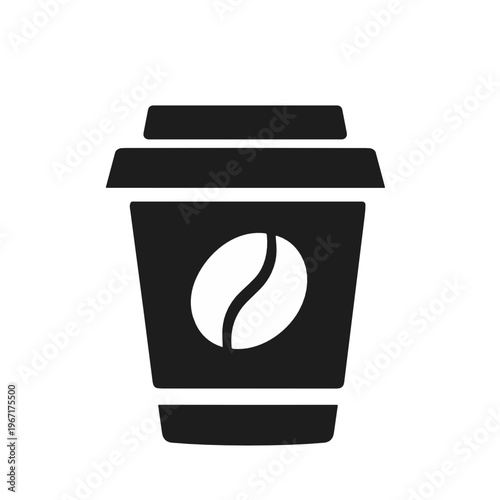 A disposable coffee cup with bean emblem highlights cafe takeaway service, mobile ordering, fresh roast branding, and convenient hot drink culture in simple flat style.