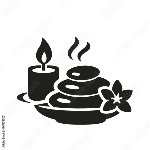 Black spa icon with burning candle, hot stones and flower accent, expressing relaxation, balance and luxury wellness rituals. Ideal for massage, salon and meditation branding.