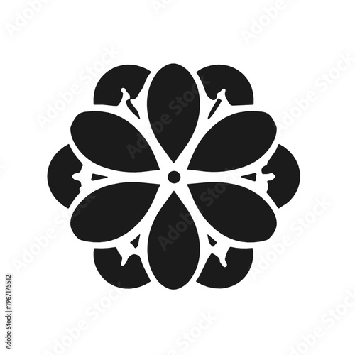 Bold black flower emblem built from rounded petals and curved outer details around a small center. Symmetrical botanical silhouette icon with ornamental character for branding and decor.