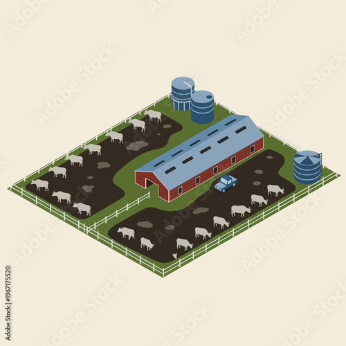 Isometric Farm Scene with Cows and Barn.
