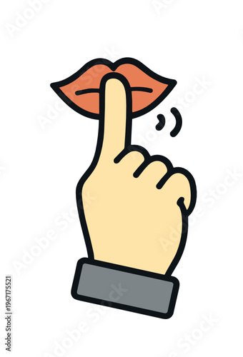 A hand with an index finger placed over lips creates a clear silence gesture. Clean vector icon for quiet, secrecy, privacy, warning, moderation, and respectful communication concepts.