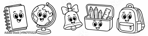 A cheerful education collection includes a spiral notebook, world globe, ringing bell, supply box, and school bag. Cute vector doodles suit classroom, preschool, and study planning topics.